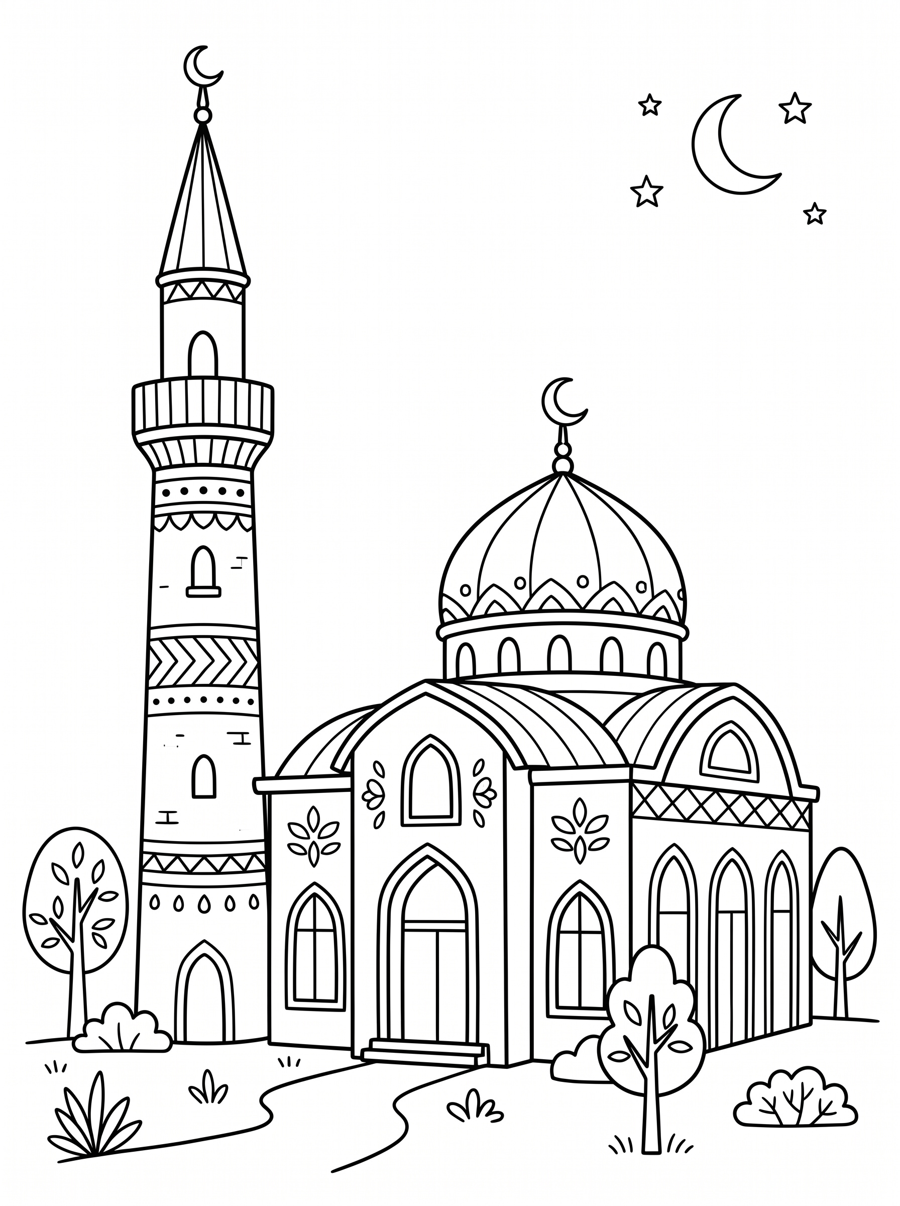 Malvorlage Minarett Schwarz-weiße Strichzeichnung einer Moschee mit einer Kuppel und einem hohen Minarett, umgeben von Bäumen, einem Halbmond und Sternen am Himmel.