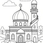 Malvorlage Islam - Moschee Strichzeichnung einer Moschee mit einer großen Kuppel, einem hohen Minarett mit Wendeltreppe und Halbmonden an der Spitze, Bogenfenstern sowie umgebenden Büschen, Bäumen und Wolken im Hintergrund – eine perfekte Malvorlage „Moschee“ zum Ausmalen und für kreative Aktivitäten.