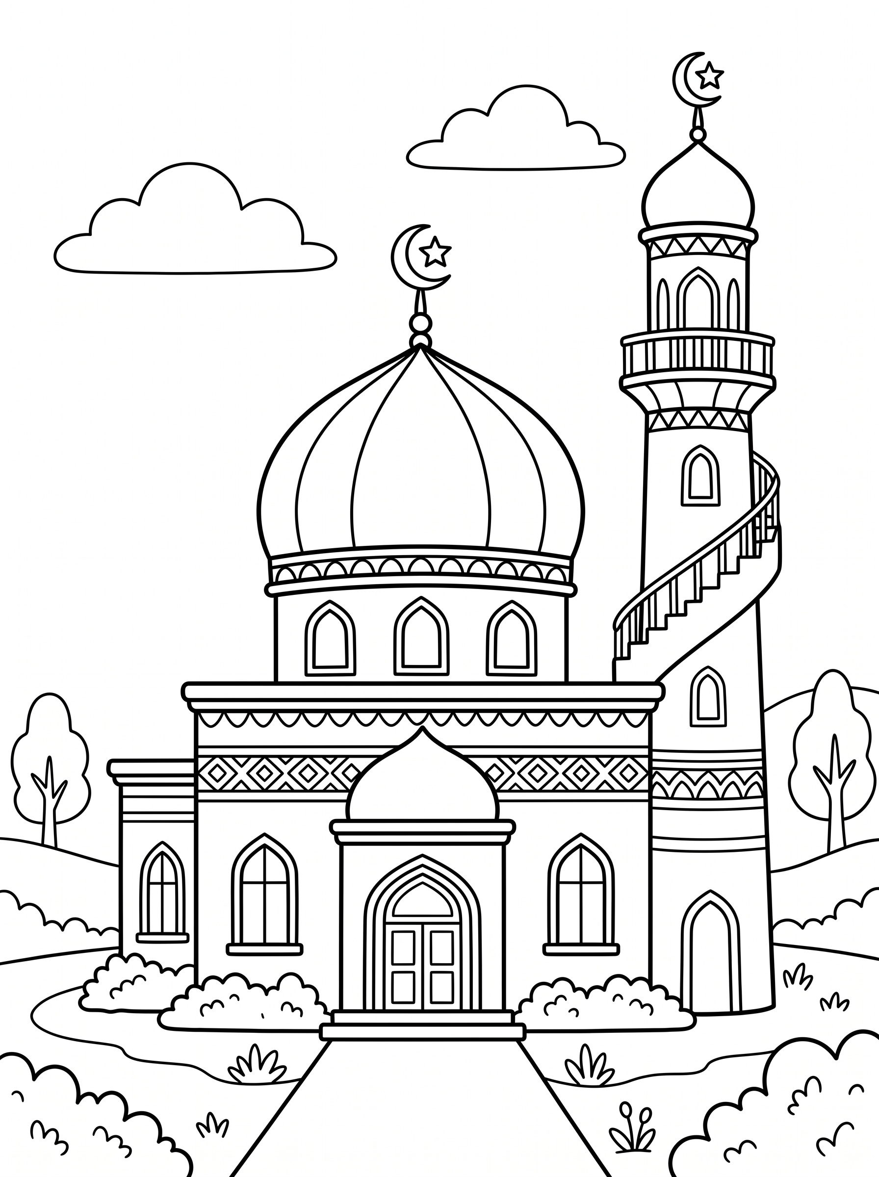 Malvorlage Moschee Strichzeichnung einer Moschee mit einer großen Kuppel, einem hohen Minarett mit Wendeltreppe und Halbmonden an der Spitze, Bogenfenstern sowie umgebenden Büschen, Bäumen und Wolken im Hintergrund – eine perfekte Malvorlage „Moschee“ zum Ausmalen und für kreative Aktivitäten.