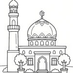 Malvorlage Islam - Moschee Schwarz-weiße Strichzeichnung einer Moschee mit einer großen Kuppel, Halbmonden darauf, einem hohen Minarett, einem gewölbten Eingang, Fenstern und Topfpflanzen davor – ideal als Malvorlage „Moschee“ zum Ausmalen.