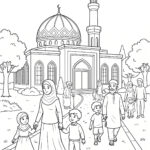 Malvorlage In die Moschee gehen Eine Familie mit Kindern geht auf eine Moschee mit einer großen Kuppel und einem Minarett zu – das perfekte Motiv für eine Malvorlage zum Thema „In die Moschee gehen“. In der Nähe sind weitere Menschen zu sehen, von denen einige die Moschee betreten oder verlassen; alle tragen traditionelle Kleidung. Das Gebäude ist von Bäumen und einem Weg umgeben.