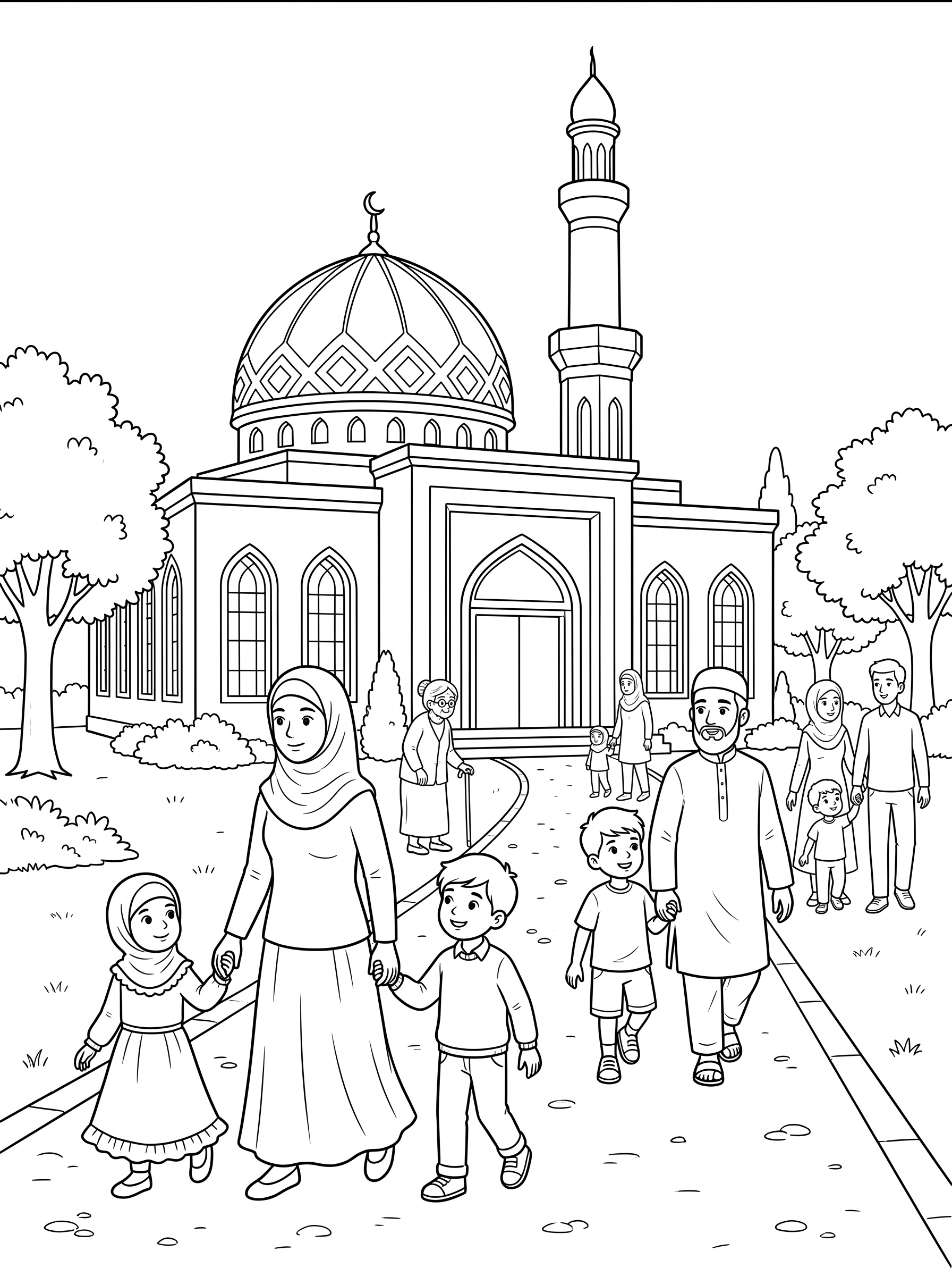 Malvorlage In die Moschee gehen Eine Familie mit Kindern geht auf eine Moschee mit einer großen Kuppel und einem Minarett zu – das perfekte Motiv für eine Malvorlage zum Thema „In die Moschee gehen“. In der Nähe sind weitere Menschen zu sehen, von denen einige die Moschee betreten oder verlassen; alle tragen traditionelle Kleidung. Das Gebäude ist von Bäumen und einem Weg umgeben.