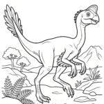 Malvorlage Oviraptor Schwarz-Weiß-Zeichnung eines Dinosauriers mit langem Schwanz und Federn, der auf felsigem Boden läuft, im Hintergrund sind Pflanzen, Bäume und Berge zu sehen – ideal als Malvorlage mit einem Oviraptor für Dinosaurier-Fans zum Ausmalen.