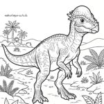 Malvorlage Pachycephalosaurus Eine Malvorlage im Cartoon-Stil, die einen Pachycephalosaurus mit gewölbtem Kopf zeigt, steht in einer prähistorischen Landschaft mit Pflanzen, Farnen und Palmen im Hintergrund. Die Szene ist als Malvorlage gestaltet.