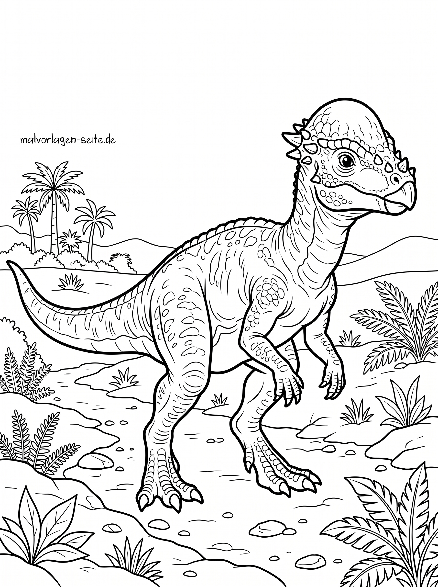 Malvorlage Pachycephalosaurus Eine Malvorlage im Cartoon-Stil, die einen Pachycephalosaurus mit gewölbtem Kopf zeigt, steht in einer prähistorischen Landschaft mit Pflanzen, Farnen und Palmen im Hintergrund. Die Szene ist als Malvorlage gestaltet.