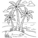 Malvorlage Palmen In einer schlichten Schwarz-Weiß-Strichzeichnung stehen drei Palmen an einem Sandstrand mit Felsen und Gras, dazu Wellen im Meer, Wolken und die Sonne am Himmel – eine ideale Malvorlage „Palmen“ für alle, die gerne ausmalen.