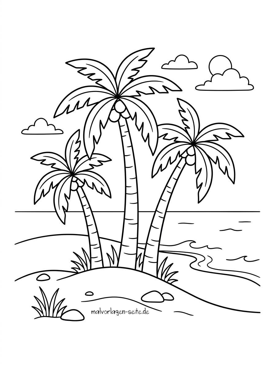 Malvorlage Palmen In einer schlichten Schwarz-Weiß-Strichzeichnung stehen drei Palmen an einem Sandstrand mit Felsen und Gras, dazu Wellen im Meer, Wolken und die Sonne am Himmel – eine ideale Malvorlage „Palmen“ für alle, die gerne ausmalen.