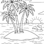 Malvorlage Palmen Eine kleine Insel mit drei Palmen (Malvorlage „Palmen“), umgeben von Wasser, mit zwei springenden Delfinen, einem Segelboot und der Sonne, die hinter Wolken am Horizont untergeht.
