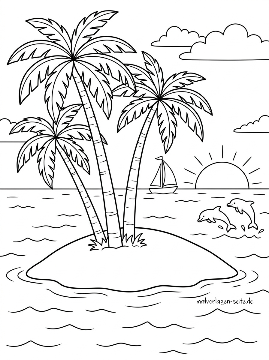 Malvorlage Palmen Eine kleine Insel mit drei Palmen (Malvorlage „Palmen“), umgeben von Wasser, mit zwei springenden Delfinen, einem Segelboot und der Sonne, die hinter Wolken am Horizont untergeht.