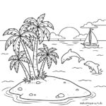 Malvorlage Palmen Im Meer liegt eine kleine Insel mit Palmen. In der Nähe springen zwei Delfine aus dem Wasser, und im Hintergrund segelt ein Segelboot, während die Sonne hinter den Wolken untergeht. Diese malerische Szene wäre eine wunderschöne Malvorlage mit Palmen für alle, die gerne ruhige Meereslandschaften ausmalen.