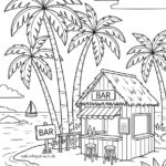 Malvorlage Strandbar unter Palmen In dieser Malvorlage „Strandbar unter Palmen“ befindet sich eine Strandbar mit Barhockern unter Palmen in der Nähe des Meeres. Auf der Theke stehen Flaschen und Gläser, während im Wasser ein Segelboot schwimmt. An der Hütte und am Zaun ist ein Schild mit der Aufschrift „BAR“ zu sehen. Die Szene ist zum Ausmalen umrandet.