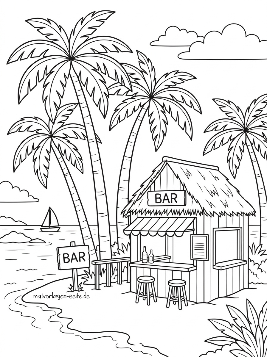Malvorlage Strandbar unter Palmen In dieser Malvorlage „Strandbar unter Palmen“ befindet sich eine Strandbar mit Barhockern unter Palmen in der Nähe des Meeres. Auf der Theke stehen Flaschen und Gläser, während im Wasser ein Segelboot schwimmt. An der Hütte und am Zaun ist ein Schild mit der Aufschrift „BAR“ zu sehen. Die Szene ist zum Ausmalen umrandet.