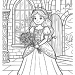 Malvorlage Prinzessin Eine Prinzessin aus einem Malvorlagenbuch mit langen Haaren und einer Krone hält einen Strauß Rosen in der Hand und steht in einem Schloss mit einem Bogenfenster und einer offenen Tür, durch die man eine malerische Landschaft im Freien sehen kann.