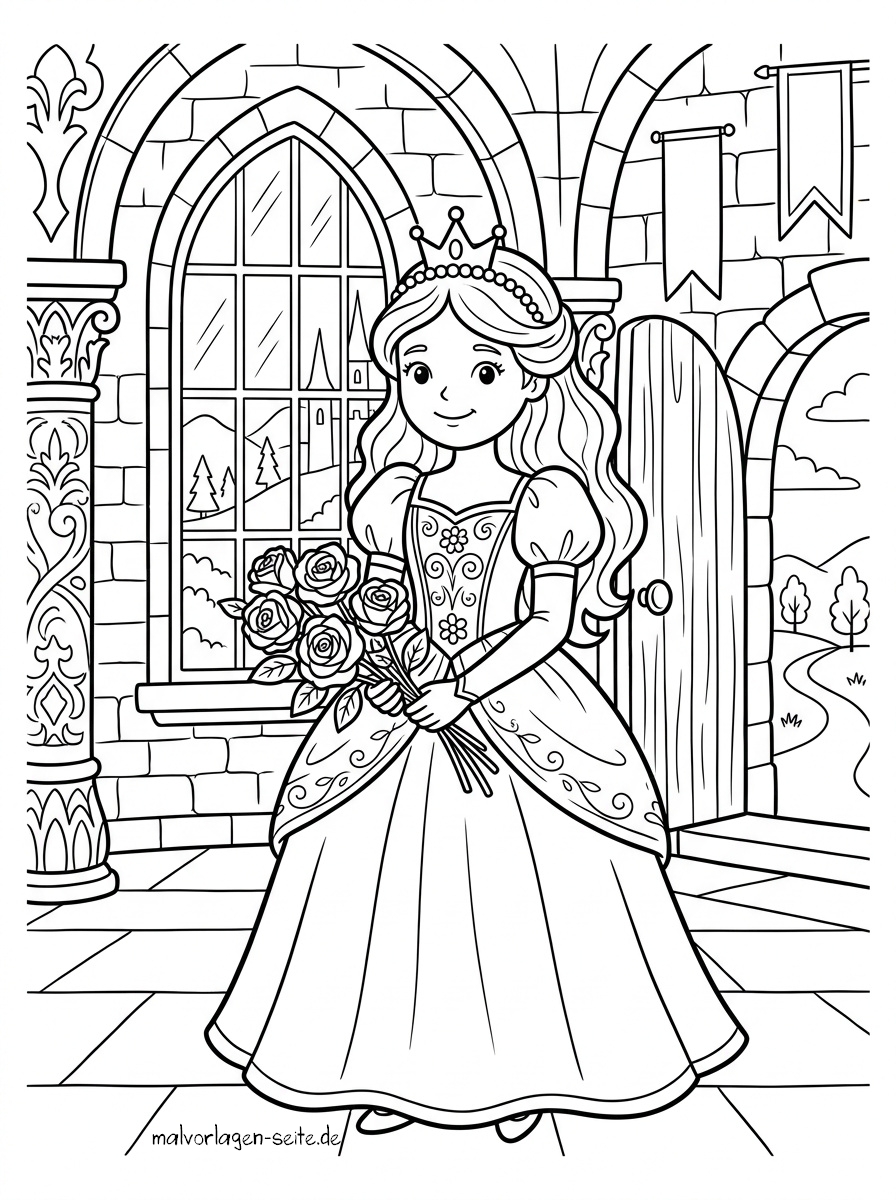 Malvorlage Prinzessin Eine Prinzessin aus einem Malvorlagenbuch mit langen Haaren und einer Krone hält einen Strauß Rosen in der Hand und steht in einem Schloss mit einem Bogenfenster und einer offenen Tür, durch die man eine malerische Landschaft im Freien sehen kann.