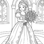 Malvorlage Prinzessin mit Rosen Eine Prinzessin in einem Ballkleid und mit einer Krone steht in einem Raum und hält einen Strauß Rosen in der Hand; durch die Bogenfenster bietet sich draußen ein malerischer Ausblick – eine bezaubernde Szene, die sich perfekt für jede Malvorlage „Prinzessin mit Rosen“ eignet.