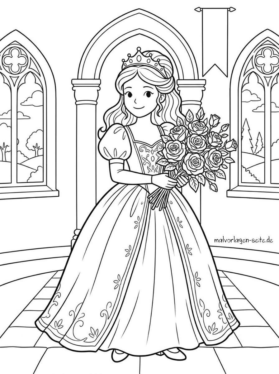 Malvorlage Prinzessin mit Rosen Eine Prinzessin in einem Ballkleid und mit einer Krone steht in einem Raum und hält einen Strauß Rosen in der Hand; durch die Bogenfenster bietet sich draußen ein malerischer Ausblick – eine bezaubernde Szene, die sich perfekt für jede Malvorlage „Prinzessin mit Rosen“ eignet.