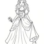 Malvorlage Prinzessin Strichzeichnung einer lächelnden Prinzessin, die eine Krone und ein langes, wallendes Kleid trägt. In einer Hand hält sie eine Blume, mit der anderen hebt sie ihr Kleid leicht an – ideal als Malvorlage „Prinzessin“ zum Ausmalen für Kinder.