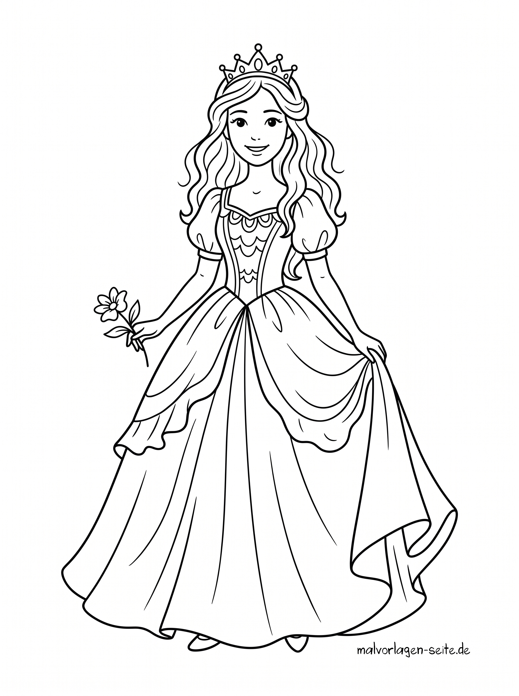 Malvorlage Prinzessin Strichzeichnung einer lächelnden Prinzessin, die eine Krone und ein langes, wallendes Kleid trägt. In einer Hand hält sie eine Blume, mit der anderen hebt sie ihr Kleid leicht an – ideal als Malvorlage „Prinzessin“ zum Ausmalen für Kinder.