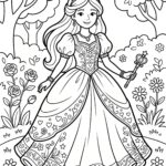 Malvorlage Prinzessin Eine Prinzessin in einem prunkvollen Kleid und mit einer Krone steht in einem Garten voller Blumen und hält einen Zauberstab in der Hand. Diese Malvorlage „Prinzessin“ ist schwarz-weiß und zeigt im Hintergrund Bäume und Pflanzen.