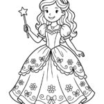 Malvorlage Prinzessin Schwarz-Weiß-Zeichnung einer lächelnden Malvorlage-Prinzessin in einem Kleid mit Blumenmuster, die einen Zauberstab mit Sternspitze in der Hand hält und eine Krone trägt.