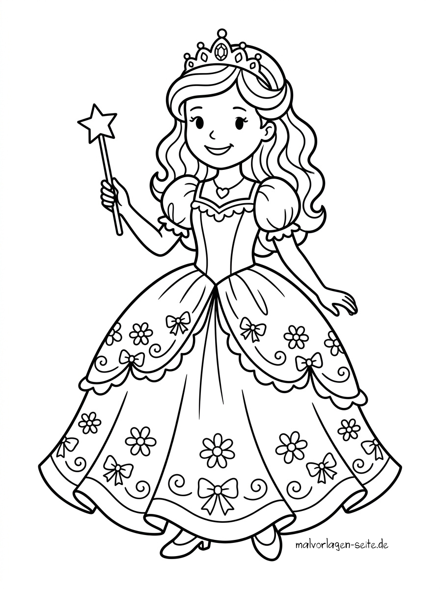 Malvorlage Prinzessin Schwarz-Weiß-Zeichnung einer lächelnden Malvorlage-Prinzessin in einem Kleid mit Blumenmuster, die einen Zauberstab mit Sternspitze in der Hand hält und eine Krone trägt.