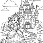 Malvorlage Prinzessin Märchenschloss Eine Prinzessin in einem Abendkleid steht auf einem Weg, der zu einem Märchenschloss führt, umgeben von Blumen und Bäumen. Die Szene ist als Malvorlage zum Ausmalen vorzeichnet, mit Wolken am Himmel und Fahnen am Schloss.