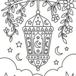 Malvorlage Ramadan Laterne An einem blättrigen, blühenden Ast hängt eine dekorative Laterne mit Halbmonden und Sternen. Darunter sind Wolken und Gras zu sehen, am Himmel leuchten Sterne und Monde. Diese Malvorlage „Ramadan-Laterne“ ist zum Ausmalen vorgzeichnet.