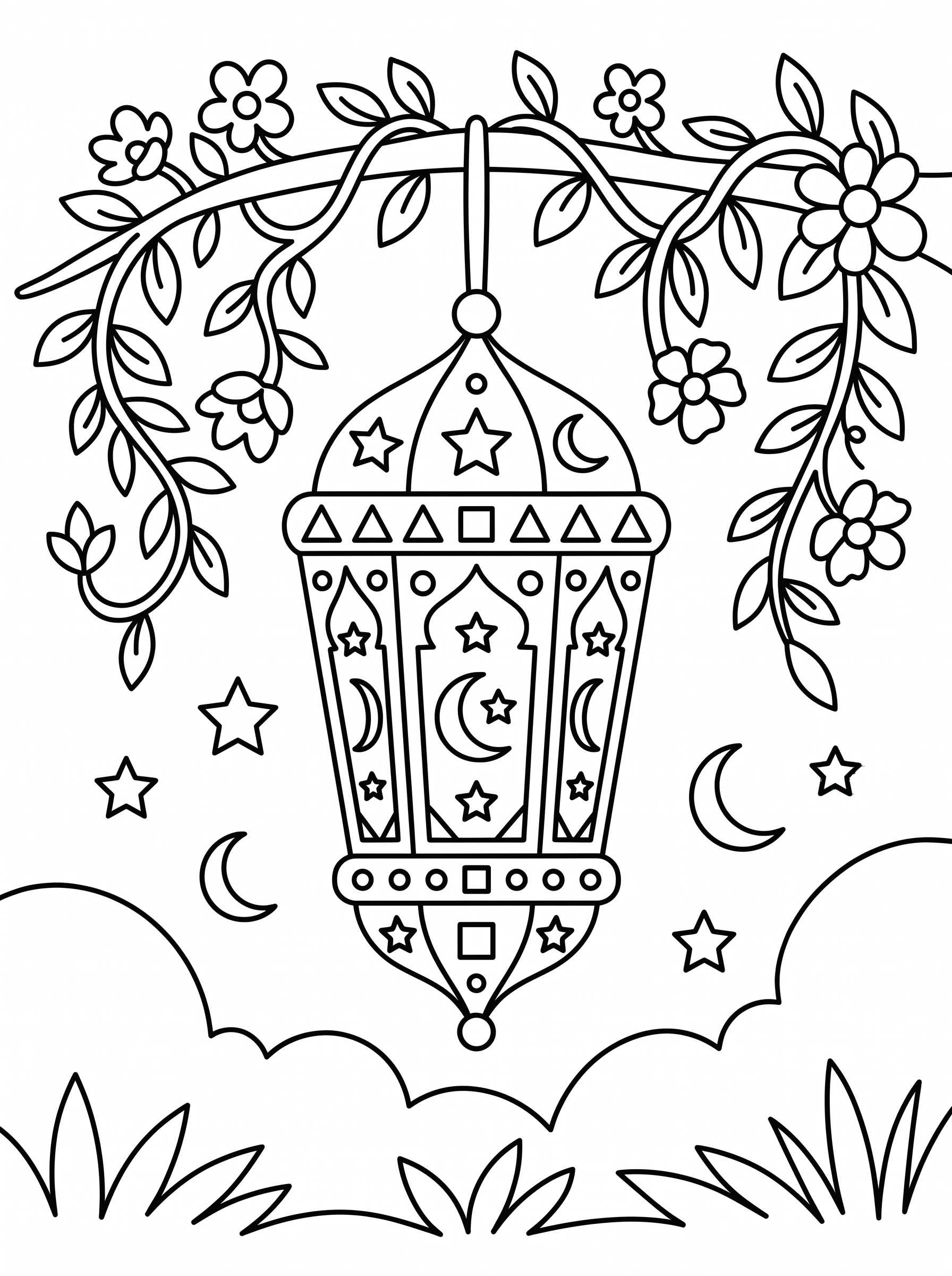 Malvorlage Ramadan Laterne An einem blättrigen, blühenden Ast hängt eine dekorative Laterne mit Halbmonden und Sternen. Darunter sind Wolken und Gras zu sehen, am Himmel leuchten Sterne und Monde. Diese Malvorlage „Ramadan-Laterne“ ist zum Ausmalen vorgzeichnet.
