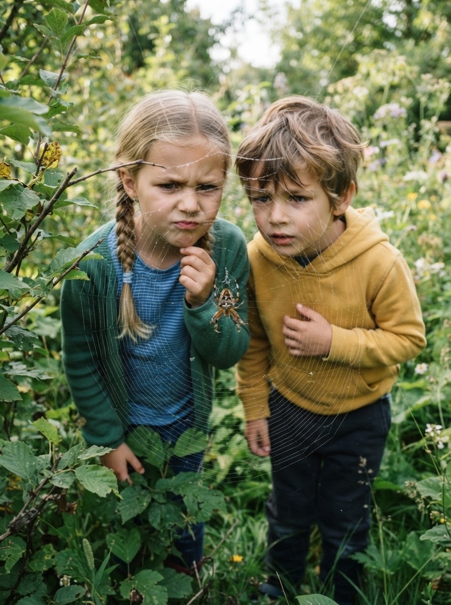 Spinnentiere von A bis Z Zwei kleine Kinder betrachten aufmerksam eine große Spinne, die inmitten grüner Pflanzen im Freien in der Mitte ihres Netzes sitzt. Während das Mädchen skeptisch wirkt und der Junge neugierig, sind beide fasziniert von ihrer Begegnung in der freien Natur mit einem der „Spinnentiere von A bis Z“.