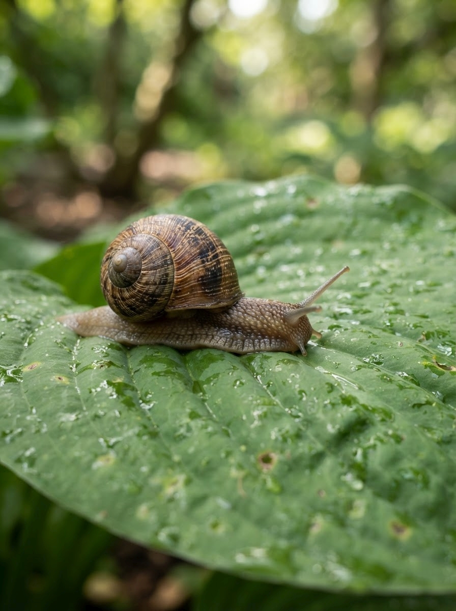 Weichtiere von A bis Z Eine braune Schnecke mit einem spiralförmigen Haus kriecht auf einem großen, grünen, taufeuchten Blatt in einem üppigen, sonnendurchfluteten Wald – eines der faszinierenden Weichtiere von A bis Z, die in der lebendigen Umarmung der Natur gedeihen.